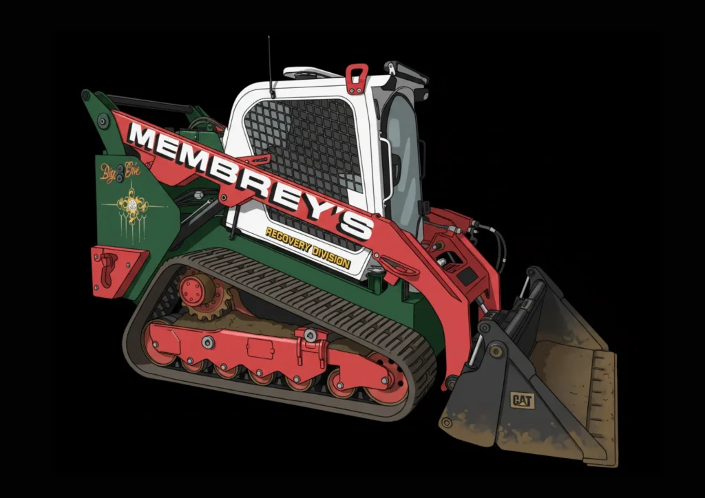 Illustration of a compact CAT track loader in green, red, and white with “MEMBREYS” and “RECOVERY DIVISION” text, and “Dog Box” logo on the arm. The loader has a bucket attachment and safety cage.
