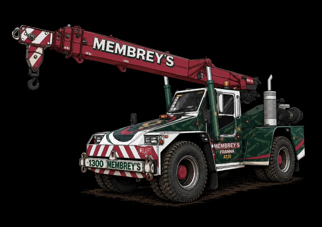 A large, green and red tow truck with a crane arm labeled "Membrey's" on the side, featuring heavy-duty tires and equipment, shown against a black background.
