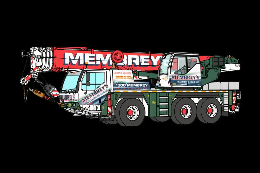 Illustration of a large green and red mobile crane truck labeled "Membrey's" with extendable boom, multiple wheels, and company branding on the cab and arm, viewed from the side on a black background.