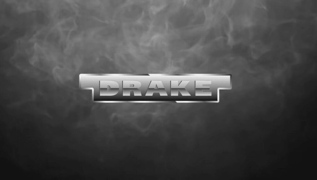 Metallic 3D text spelling "DRAKE" is centered against a dark, smoky background, giving a dramatic and bold appearance.