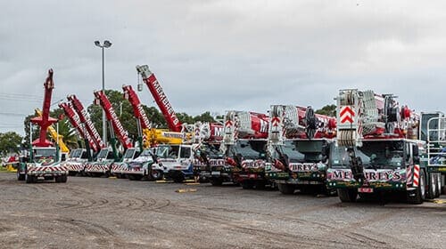 A row of large mobile cranes with red and white booms parked on a gravel lot, all bearing the same company branding. The sky is cloudy and trees are visible in the background.