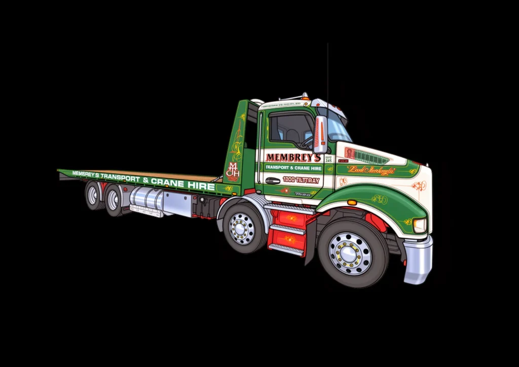Illustration of a green, white, and red Membrey’s Transport & Crane Hire flatbed truck on a black background, showing detailed branding and features on the side and cab.