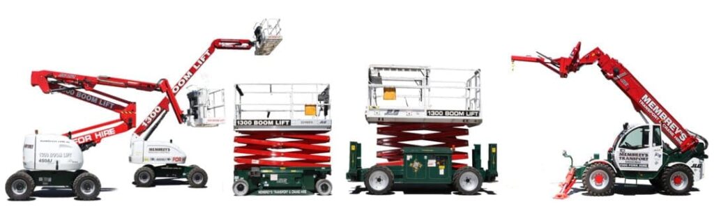 Four types of construction lifts are shown side by side: two articulated boom lifts, two scissor lifts, and a telehandler, all in red, green, and white colors, designed for lifting workers and materials.