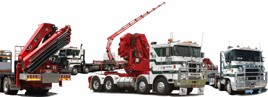 Four large trucks with mounted cranes and booms are parked side by side, showcasing various heavy-duty lifting equipment and machinery on a white background.