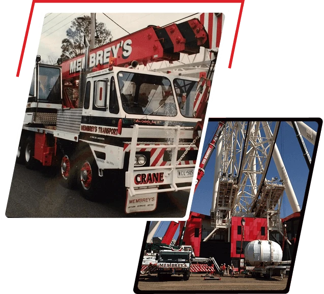 A collage of two images: the top shows a white and red Membrey's crane truck parked on a road, and the bottom shows cranes lifting large equipment at a construction or industrial site.