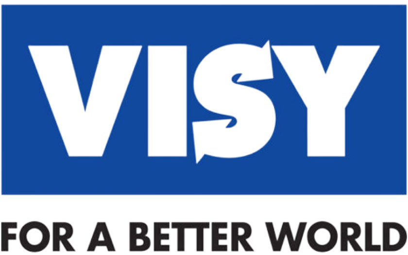 VISY logo in bold white letters on a blue rectangle, with the slogan "FOR A BETTER WORLD" in black capital letters below on a white background.